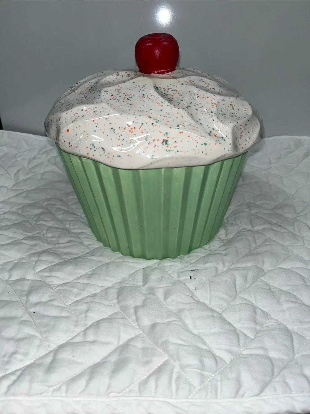Vintage MCM Ceramic Cupcake Treat Jar - Green with White Frosting and Red Cherry